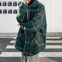 Green Plaid fried street coat senior fan men Korean trend loose oversize woolen coat spring autumn bf