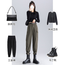 High waisted overalls womens bunched feet spring and autumn 2021 new little army green autumn winter casual pants plus Velvet