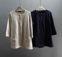 Foreign trade cut standard cotton solid color casual placket button pull-up pocket seven-quarter sleeve homewear home pajamas womens summer