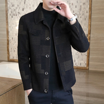 Short woolen trench coat mens autumn and winter Korean slim lapel plaid fashion jacket woolen coat coat coat top