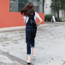 Net red denim straps for womens Spring and Autumn New loose foreign-aged overalls high-waisted straight wide leg pants