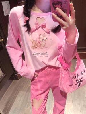 taobao agent Limo Bobon21 dopamine cat printing shoulder sleeves long -sleeved sweater T2272