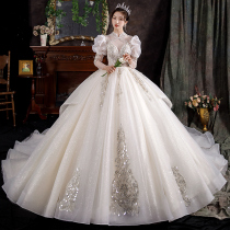 Main wedding dress 2021 new bride summer court style French tailing temperament long sleeve retro premium out of the door