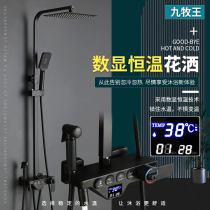 Jiumuwang smart button black thermostatic shower set all copper household booster nozzle bathroom silver mun