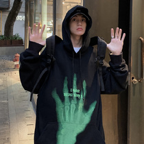 Yu Qingwei hiphop fried street sweater male ruffian handsome ins design sense dark black oversize long-sleeved t-shirt hoodie