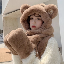 Bear scarf hat one female winter warm cute scarf winter hooded autumn winter plush three-piece glove
