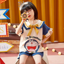 Childrens pajamas Girls summer thin cotton short-sleeved suit Middle and large children cute cartoon girl summer home clothes