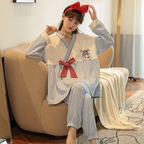 Spring and autumn pajamas womens summer thin cotton long-sleeved cute kimono Autumn and winter loose cotton home clothes two-piece suit
