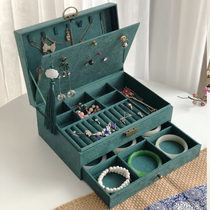 Dark green retro flannel bronze lock jewelry box bracelet earrings necklace jewelry storage box large capacity jewelry box