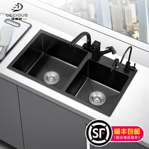 Black nano kitchen handmade sink double slot household sink stainless steel oversized sink 88x48