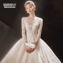 Retro main wedding dress 2021 New tailing Bride wedding temperament Mori high-end luxury heavy industry welcome yarn Long Sleeve