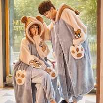 Coral velvet couple pajamas winter cute flannel autumn and winter padded velvet gown for men and women