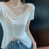 Western style irregular split small shirt Niche design sense Womens summer French collarbone tight t-shirt short chic top