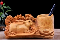 Taihang Yabai twisted Tuo Tuo material carved rabbit pen holder Solid wood lucky rabbit pen holder Wooden zodiac rabbit crafts