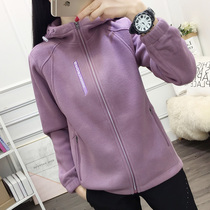 Womens hooded fleece autumn and winter thick warm fleece solid color hiking cardigan jacket womens suit