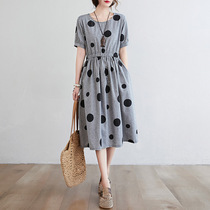 Large size womens polka dot dress 2021 summer new French waist thin short-sleeved cotton and linen printed midi dress