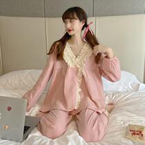 Pajamas female spring and autumn Net red sun kimono retro princess style suit cute sweet home clothes two-piece set