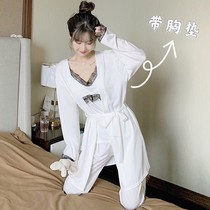 Pajamas with chest pads Womens spring and autumn suspenders long-sleeved nightgown three-piece sexy and sweet can be worn outside womens home clothes