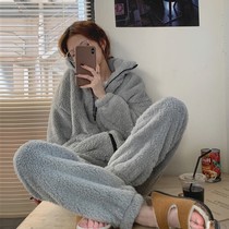 Thickened and velvet pajamas casual two-piece set Autumn and winter students loose can be worn outside plush warm home clothes set