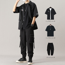 Short-sleeved shirt mens summer jacket light cooked wind tooling suit 2021 new ruffian handsome mens set with handsome