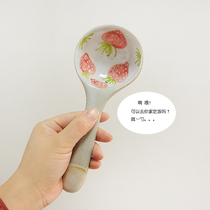 Cute handmade underglazed ceramic long handle large soup spoon household rice spoon porridge spoon serving soup spoon cartoon fruit