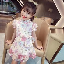 Girls cheongsam dress summer dress 2021 new retro Chinese style childrens skirt Western style sweet little girl floral skirt