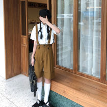 (Two-piece set)basic solid color wild short-sleeved shirt vintage strap one-piece pants summer suit for women
