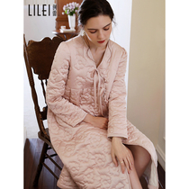Cotton pajamas womens winter thickened French sweet design flowers long knee nightgown home clothes can be worn outside