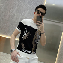 2021 summer handsome knit shirt men fashion personality leopard hot diamond slim Ice Silk short sleeve Joker casual T-shirt