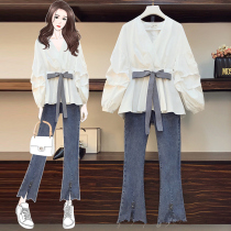 Big Code Womens Dress 2022 New Spring Autumn Fat Younger Sister Cover Tummy Blouse Foreign Air Minus-Age Jeans Suit