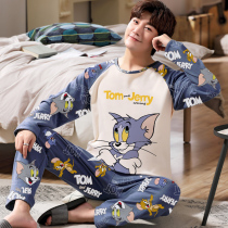 Mens pajamas cotton long sleeve autumn and winter Korean cartoon youth middle school students spring cotton home suit suit