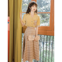 2021 summer new age-reducing fashion temperament Chiffon shirt with high waist skirt plaid skirt port wind suit women