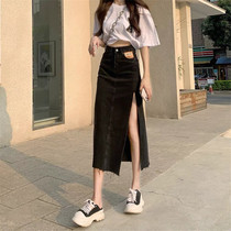 High waisted side cross denim skirt womens summer thin straight tube thin a-shaped hot girl bag hip long skirt ins tide