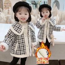 Send the bear girl black and white small fragrant wind jacket foreign-style bird grid coat lapel collar trench coat thickened warm tide