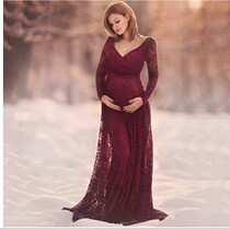 Pregnant women in Europe and America Lions dress sexy deep V lead long sleeves lace evening gown photoshoot for real costumes 