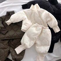 Korean childrens clothing Winter childrens plus velvet thickening windproof quilted high-neck suit baby cotton coat and cotton pants two-piece set