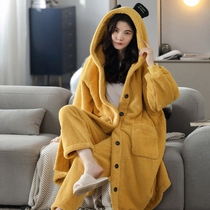 Dressing gown womens winter thickened plush long hooded coral fleece pajamas buttons New fall winter plus size bathrobes