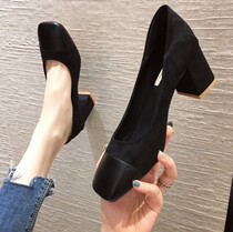 WUXIE Yujie wind mature high heels square Suede single shoes coarse heel work shoes Social womens shoes