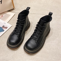 Wushe Hong Kong style ins net red black fashion leather motorcycle dr Martin XIE 7-hole single boots thick-soled short XIE female