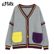 (Mall same section) Selfie Pocket V Collar Color Sweater Jacket Woman 2022 Spring Lazy Wind Knit Cardiovert