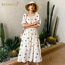 Rsemnia Womens Summer Dress Vintage Square Collar Floral Dress Mid-Sleeve Waist Long Skirt Vacation Dress Tide