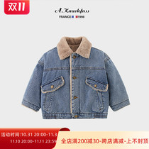 Fleece thickened denim jacket for boys and girls A KNACKFUSS childrens clothing winter Korean version of the childrens rabbit fur jacket tide