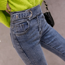High-waisted jeans womens autumn and winter pants 2021 new blue boots with velvet padded stretch tight leggings