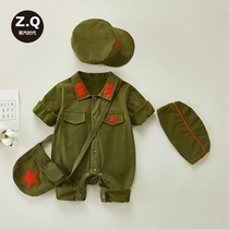 Baby clothes Spring military uniform baby 12 months Little Red Army Conjoined clothes climbing to China Wind 100 days old dress