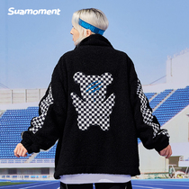 Suamoment scratch checkerboard grid bear cashmere coat 2021 New Trend brand couple cotton coat