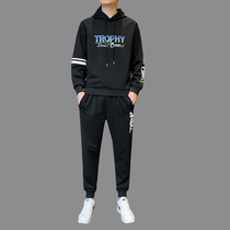 Letter printed hooded sweater mens spring and autumn casual sports suit Korean version of the trend student loose clothes two pieces