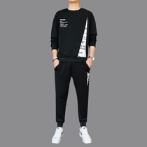 Black round neck sweater mens spring and autumn loose pullover Korean version of the trend casual sports suit with clothes two pieces