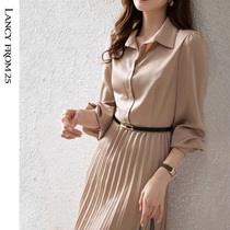 Langzi Womens 2022 French Pleated Shirt Long Skirt Womens Waist Thin Long Sleeve a-line Skirt Commuter Dress