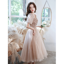  Champagne evening dress skirt female banquet temperament summer high-end host medium-length small bridesmaid can usually be worn