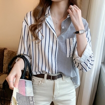 This years popular shirt French suit collar design sense striped top 2021 summer new long-sleeved pocket shirt